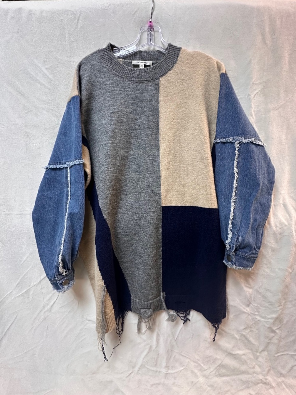 MIXED MEDIA PATCHWORK SWEATER DRESS WITH DENIM SLEEVES